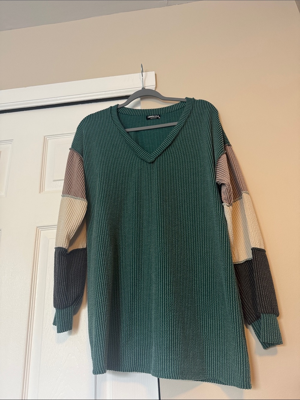 HEIMISH USA Dark Green V-Neck Top with Colorblock Sleeves